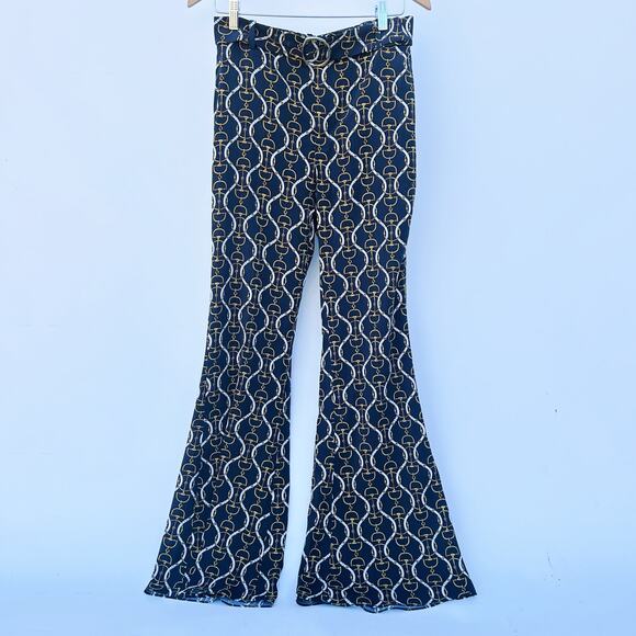 Zara Wide Leg Flare Belt Horsebit Chain Pattern Pants Festive Small High Rise - Picture 2 of 12